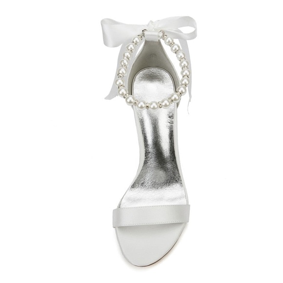 Open Toe Pearl Strap Satin Bridal Sandals - Picture 3 of 4